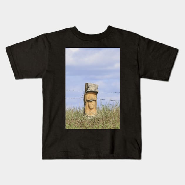 Stone Post Fence Carving on the Kansas Prairie Kids T-Shirt by ROBERTDBROZEK